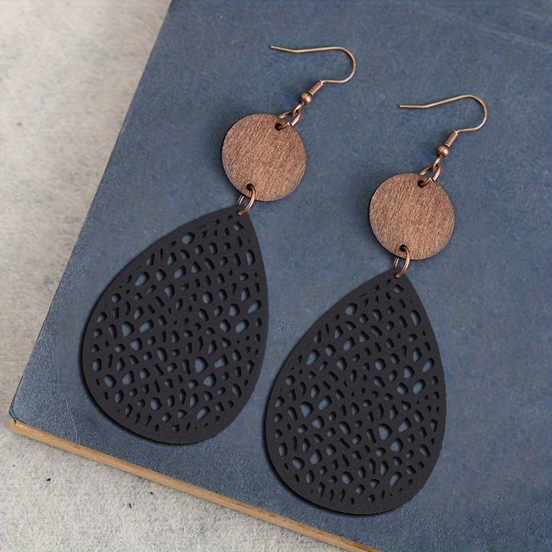 Vintage Hollow Leaf Shape Leather Earrings