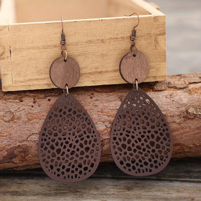 Vintage Hollow Leaf Shape Leather Earrings