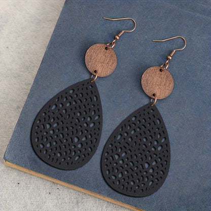Vintage Hollow Leaf Shape Leather Earrings