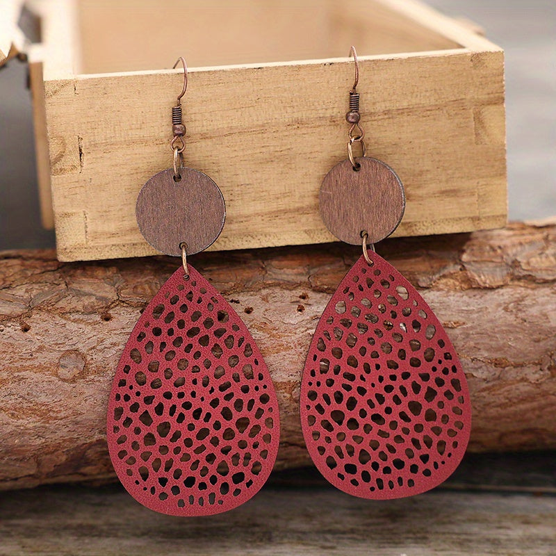 Vintage Hollow Leaf Shape Leather Earrings